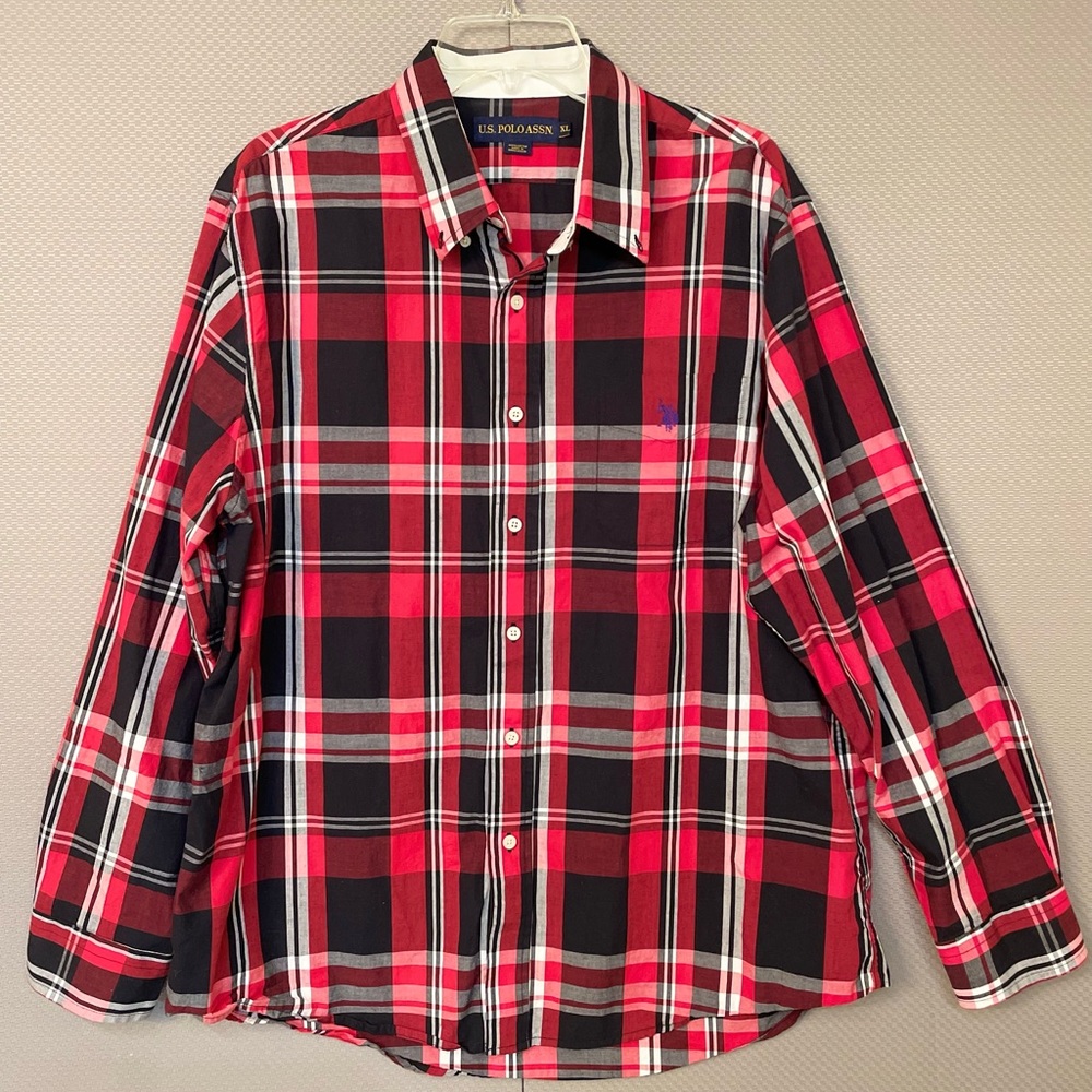 US Polo Assn Shirt XL Mens Long Sleeve Button Down Plaid Stretch Red Black